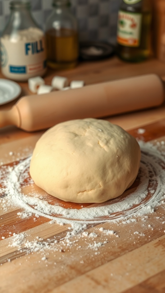 Basic Homemade Dough Recipe Freshly made dough on a wooden countertop, surrounded by flour and baking tools.